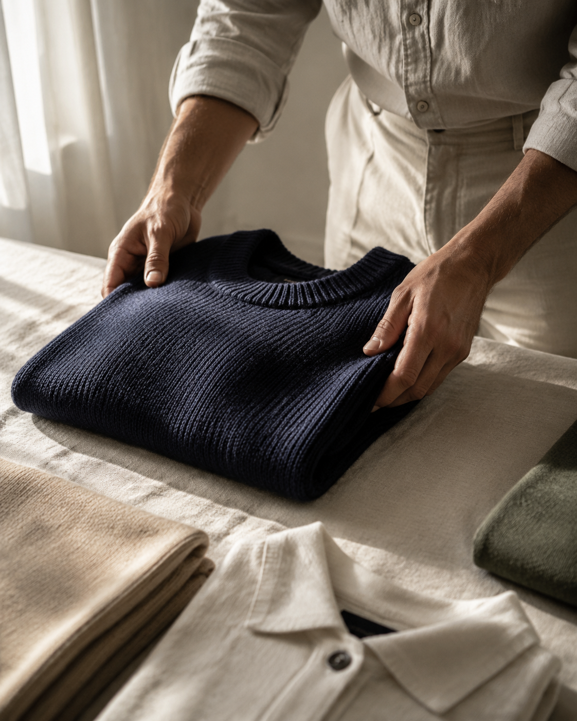 Mani che piegano con cura una maglia in cotone