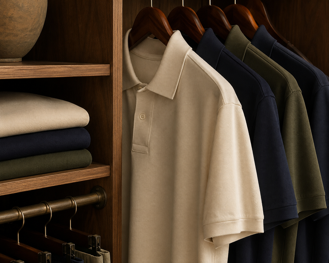Polo da uomo in cotone piegate su una rastrelliera in legno